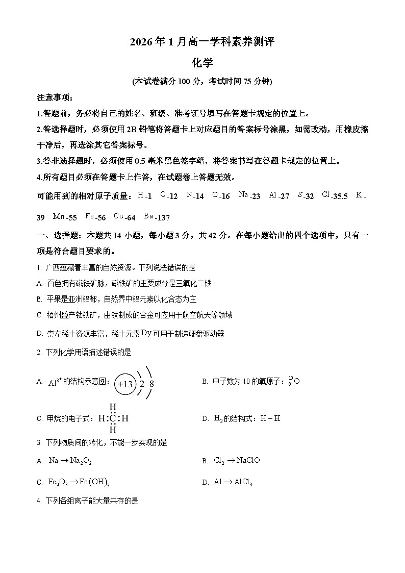 广西壮族自治区河池市2026年1月高一上学期期末化学试题（原卷+解析）第1页
