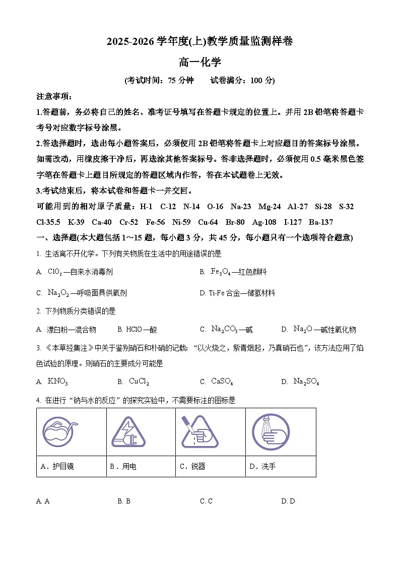 四川省攀枝花市2025-2026学年度（上）教学质量监测样卷高一化学试卷（原卷+解析）第1页