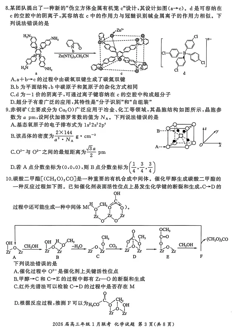 百师联盟2026届高三上学期1月九省联考化学试卷（图片版附解析）第3页