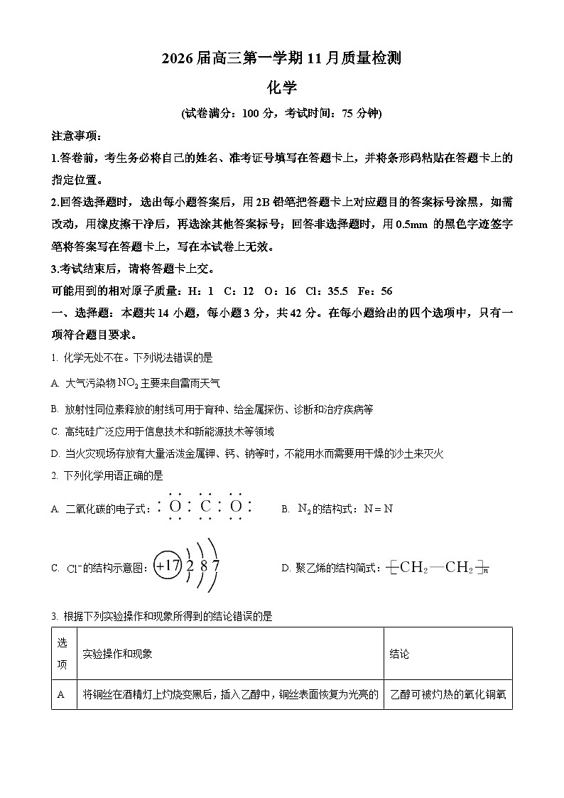 安徽省2026届高三上学期11月质量检测化学试题（试卷+解析）第1页