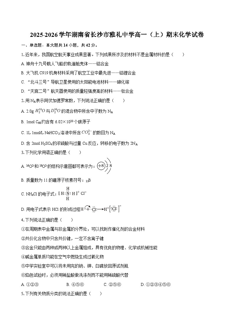 2025-2026学年湖南省长沙市雅礼中学高一（上）期末化学试卷-自定义类型第1页