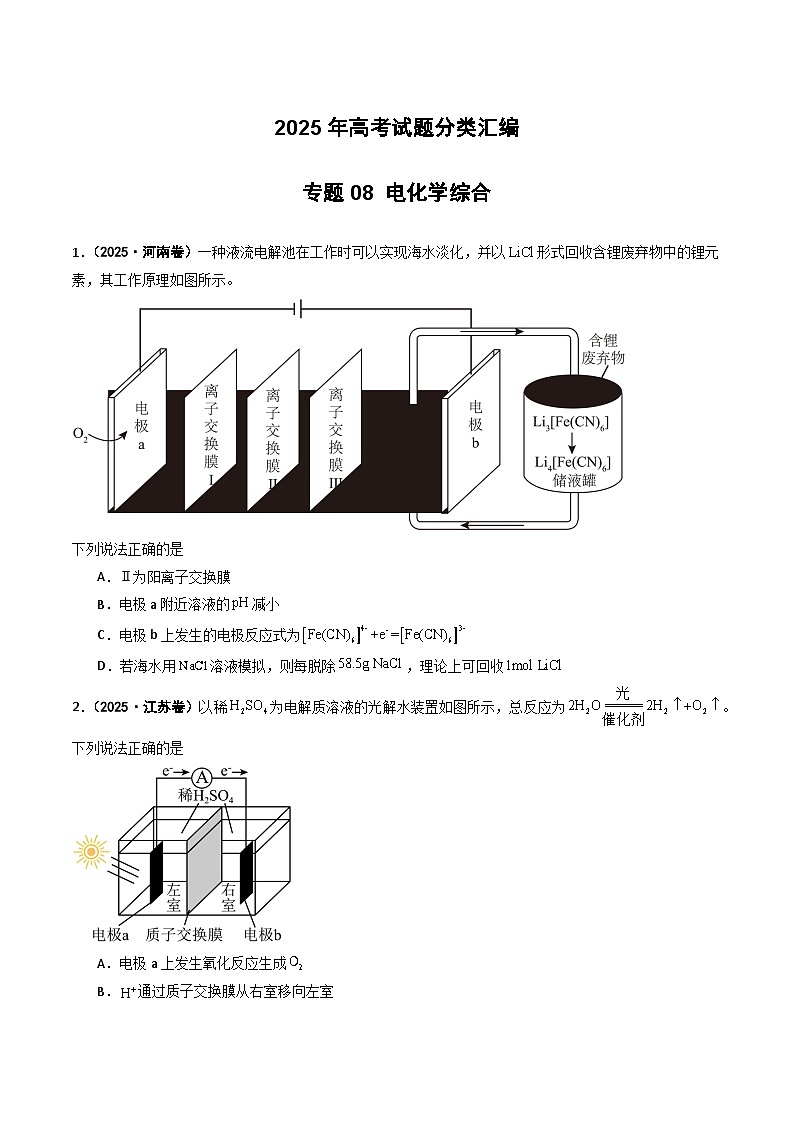 2025年高考化学试题分类汇编 专题08 电化学综合第1页