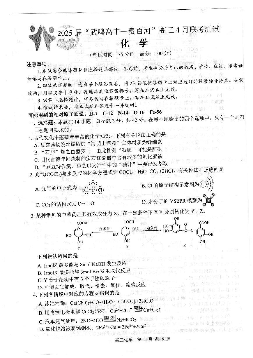 广西壮族自治区“武鸣高中-贵百河”2025届高三下学期4月联考化学第1页
