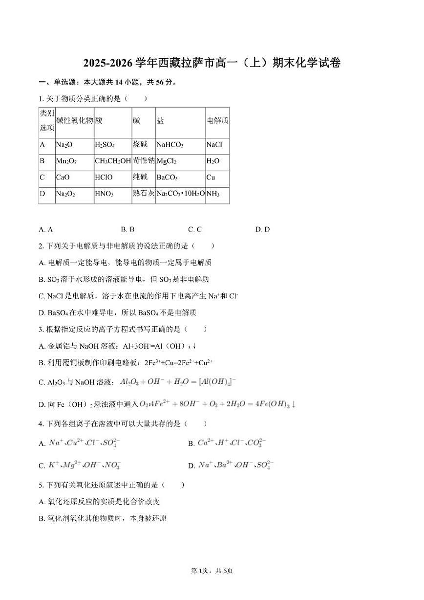 西藏拉萨市2025-2026学年高一（上）期末化学试卷（含答案）第1页