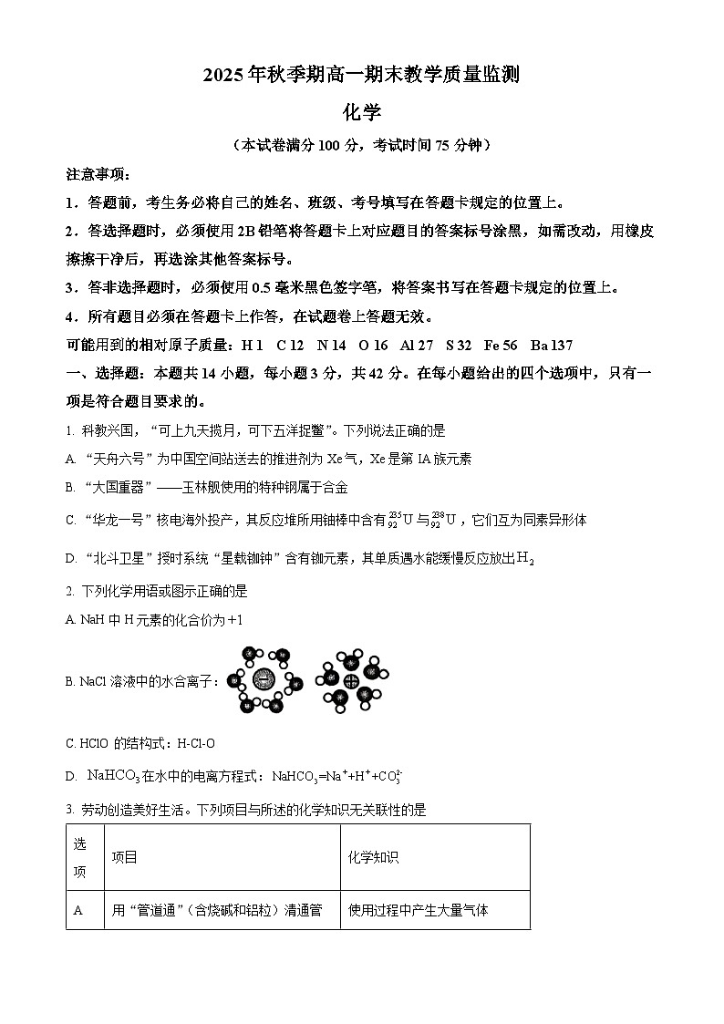 广西壮族自治区玉林市2025年秋季期高一上学期期末教学质量监测化学试卷（试卷+解析）第1页