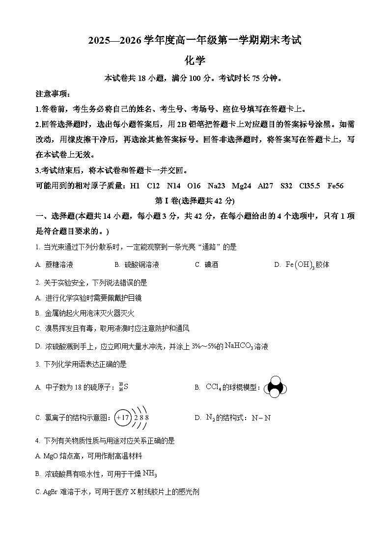 河北唐山市2025-2026学年高一第一学期期末考试化学试卷（试卷+解析）第1页