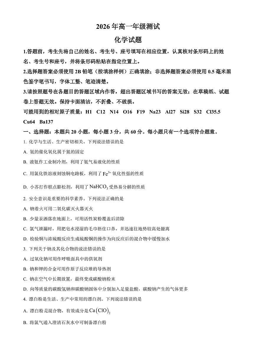 山东省青岛市2026年高一年级上学期期末测试化学试题（试卷+解析）第1页