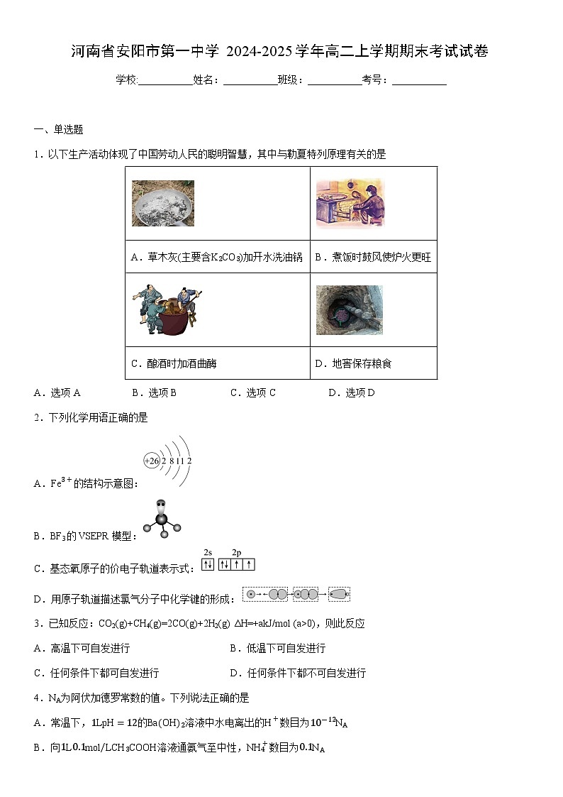 2024-2025学年河南省安阳市第一中学高二上学期期末考试化学试卷（学生版）第1页
