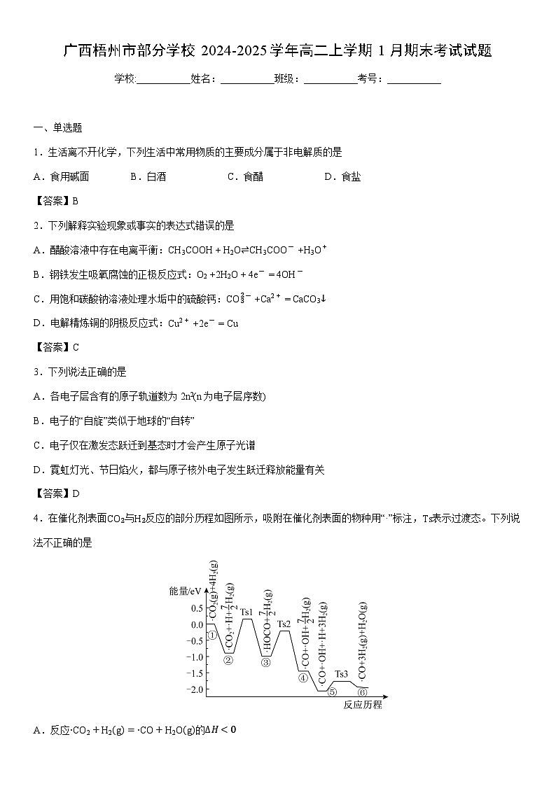 2024-2025学年广西梧州市部分学校高二上学期1月期末考试化学试卷第1页
