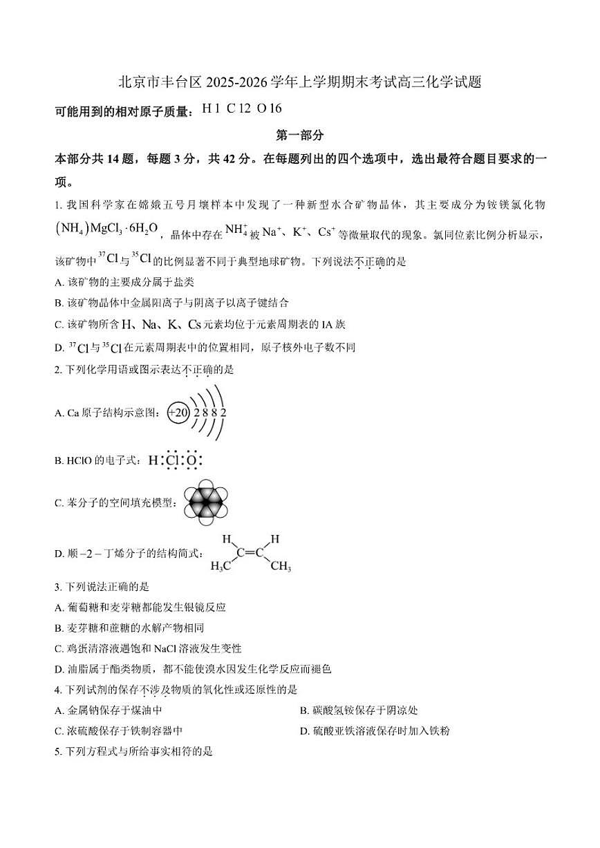 2025-2026学年北京市丰台区上学期期末考试高三化学试题（含答案） (1)第1页