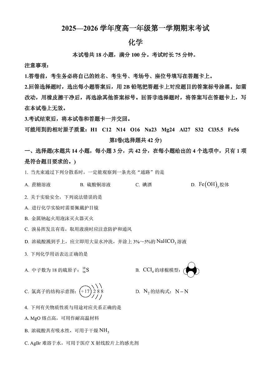 河北唐山市2025-2026学年高一第一学期期末考试化学试卷（试卷+解析）第1页