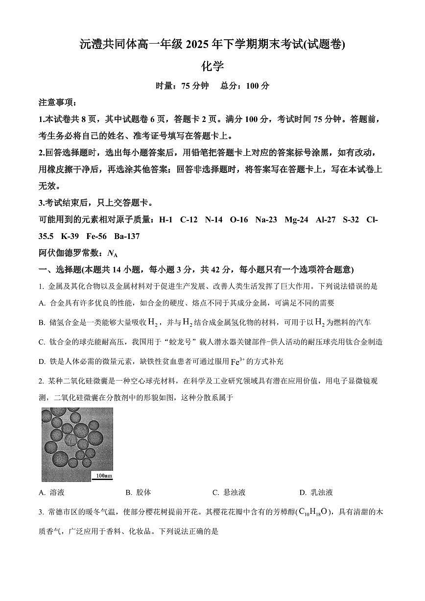 湖南常德市沅澧共同体2025-2026学高一上学期期末考试化学试题（试卷+解析）第1页