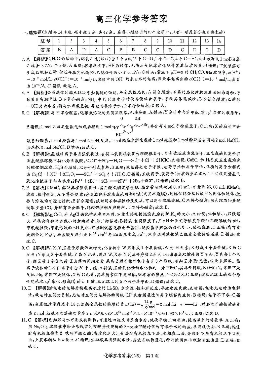 长郡中学2026届高三月考试卷（六）化学答案第1页