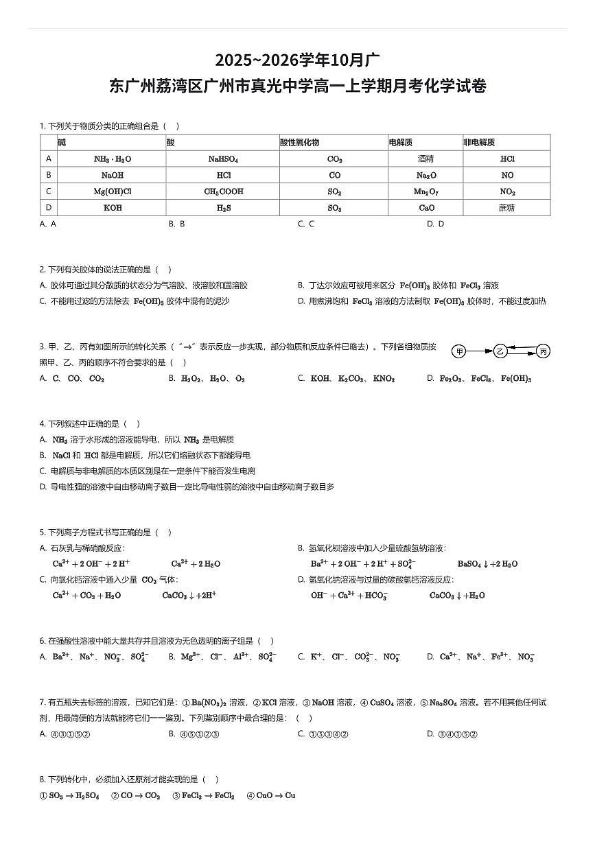 2025~2026学年10月广东广州荔湾区广州市真光中学高一上学期月考化学试卷（有答案解析）第1页