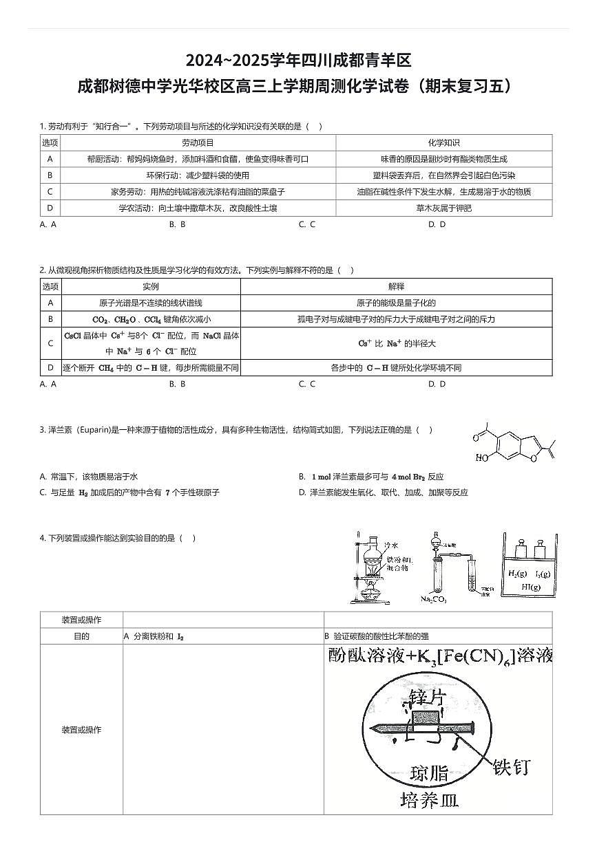 2024~2025学年四川成都青羊区成都树德中学光华校区高三上学期周测化学试卷（期末复习五）（有答案解析）第1页