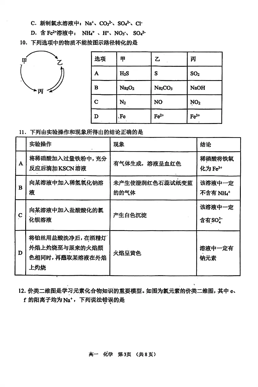 化学试卷及答案-河南省实验中学2025-2026高一上学期期末第3页