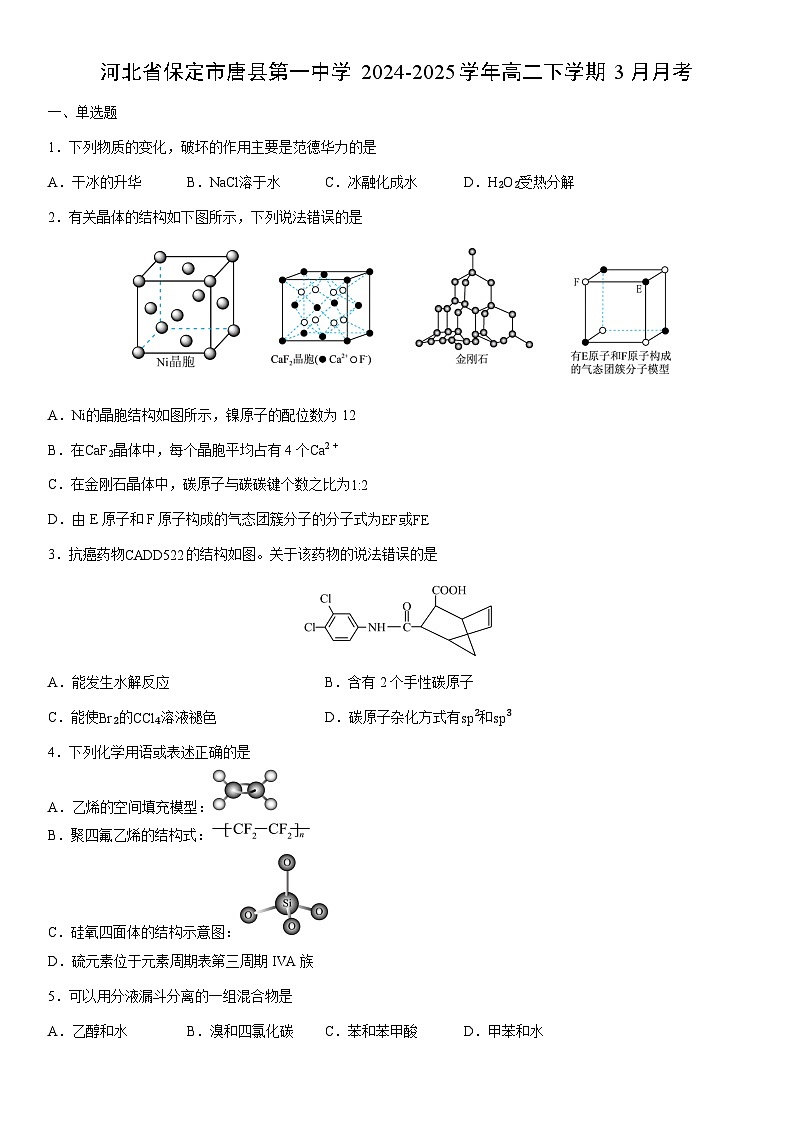 2024-2025学年河北省保定市唐县第一中学高二下学期3月月考化学试卷（学生版）第1页