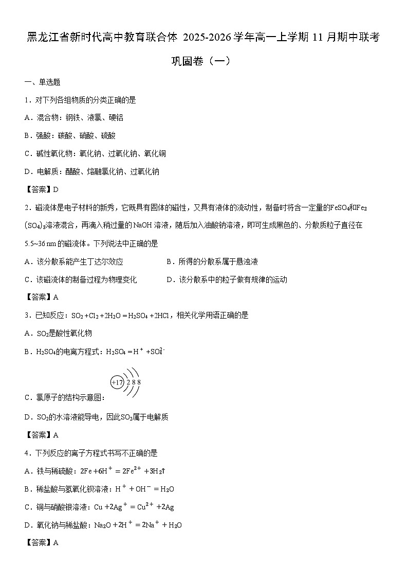 2025-2026学年黑龙江省新时代高中教育联合体高一上学期11月期中联考巩固卷（一）化学试卷第1页