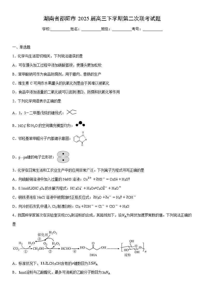 湖南省邵阳市2025届高三下学期第二次联考化学试卷（学生版）第1页
