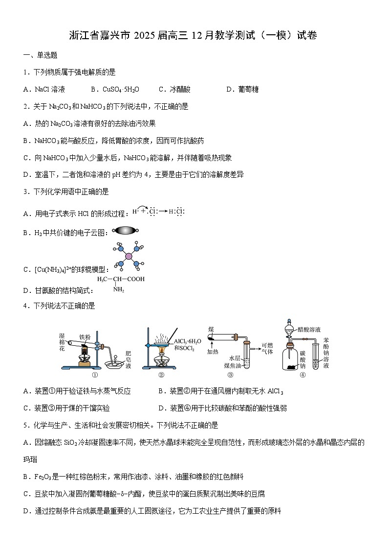 浙江省嘉兴市2025届高三上12月教学测试（一模）化学试卷（学生版）第1页