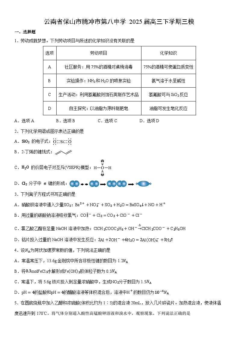 云南省保山市腾冲市第八中学2025届高三下学期三模(学生版) 化学试卷第1页