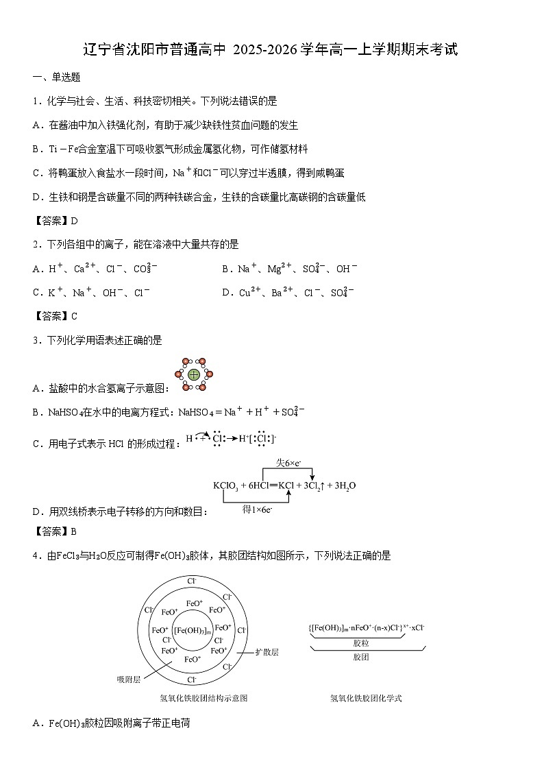 2025-2026学年辽宁省沈阳市普通高中高一上学期期末考试化学试卷第1页