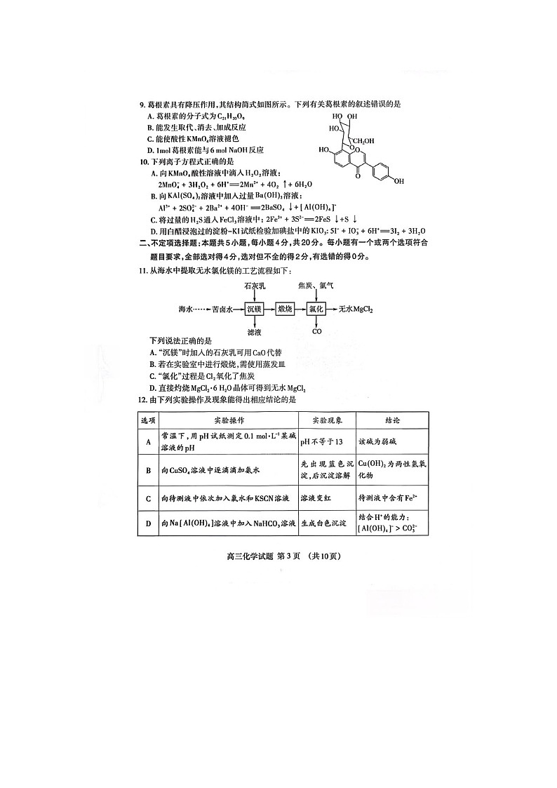 泰安市2025-2026学年高三上学期期末考试化学卷含答案第3页