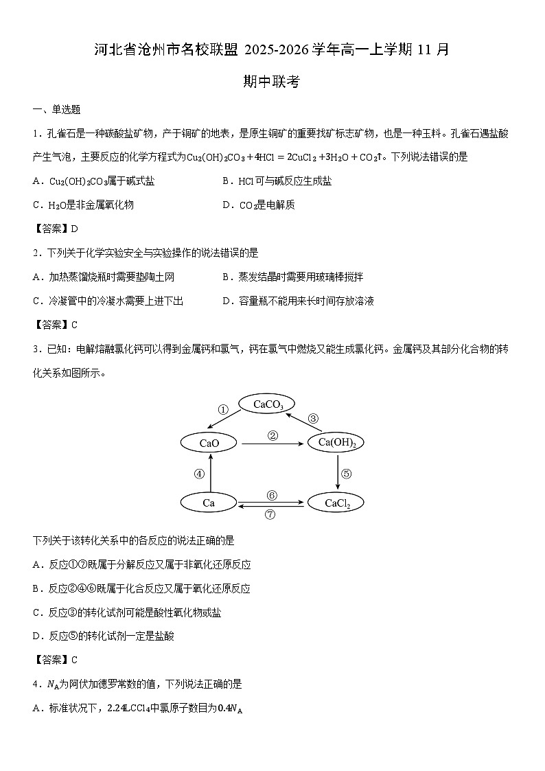 2025-2026学年河北省沧州市名校联盟高一上学期11月期中联考化学试卷第1页