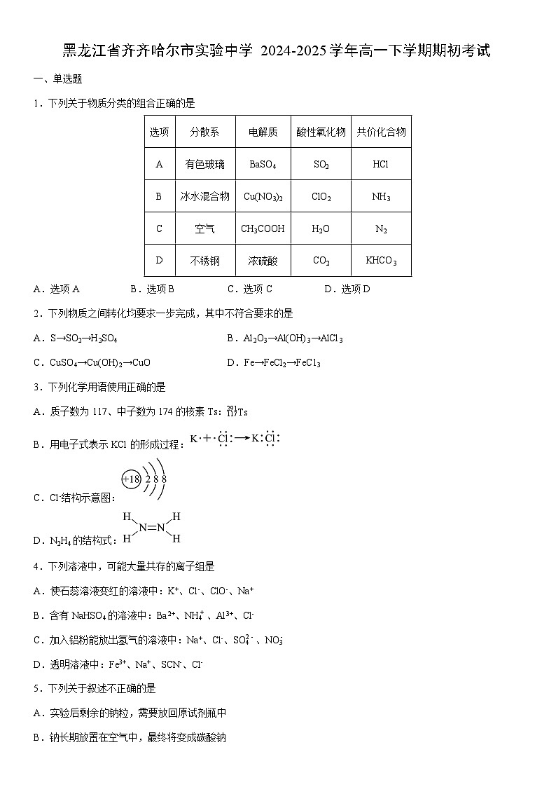 2024-2025学年黑龙江省齐齐哈尔市实验中学高一下学期期初考试化学试卷（学生版）第1页
