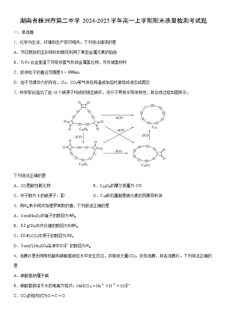 2024-2025学年湖南省株洲市第二中学高一上学期期末质量检测考试化学试卷（学生版）第1页