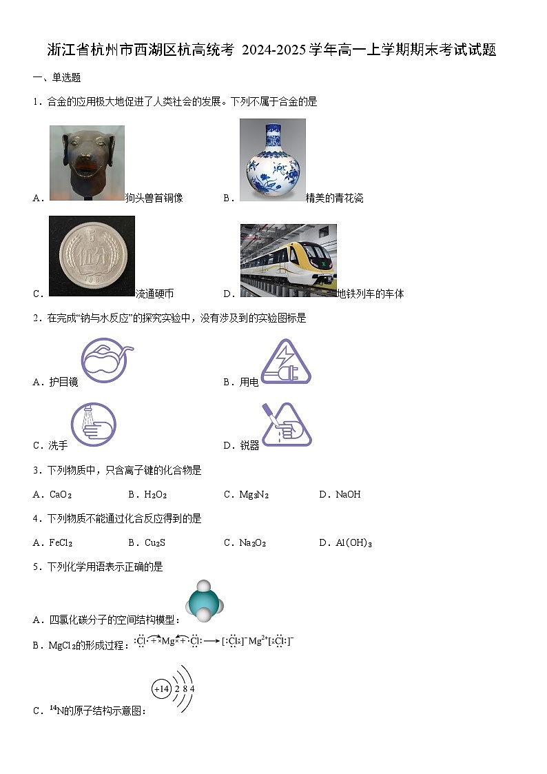 2024-2025学年浙江省杭州市西湖区杭高统考高一上学期期末考试化学试卷（学生版）第1页