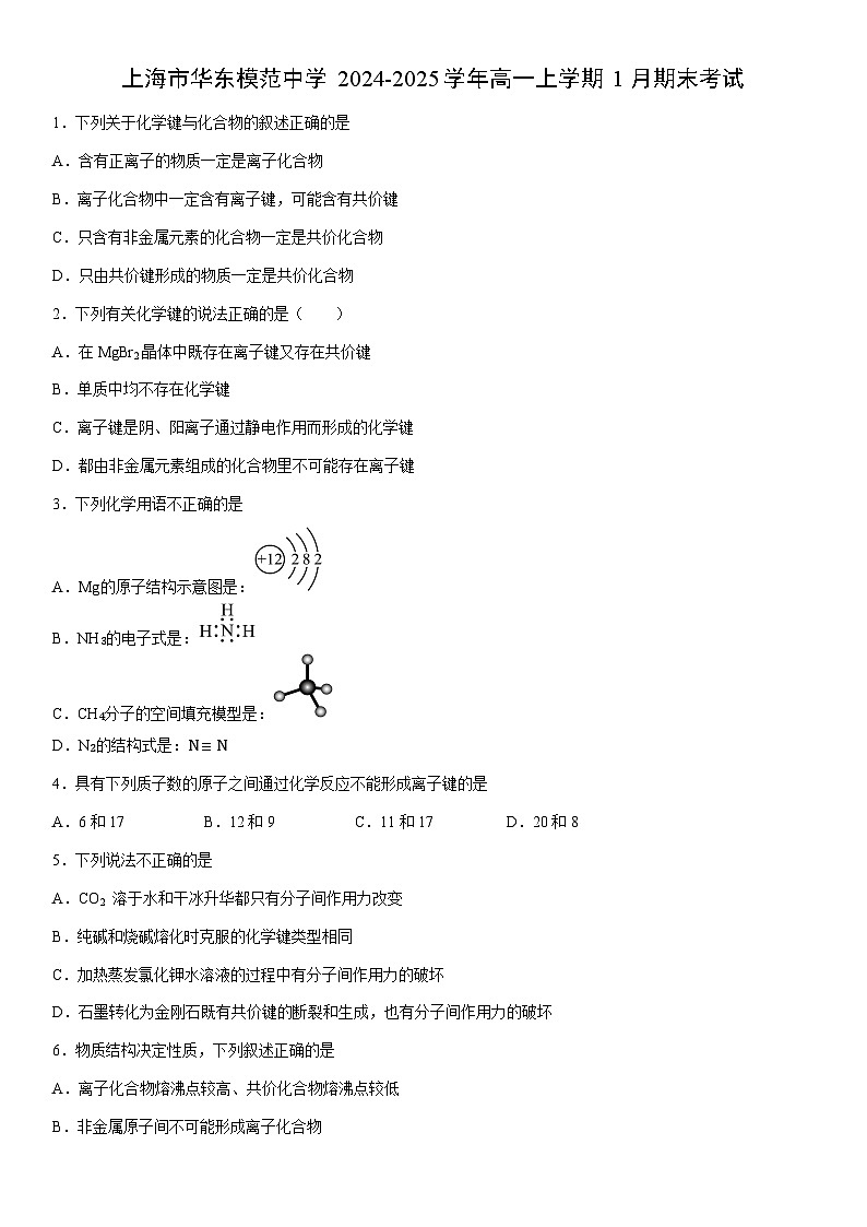 2024-2025学年上海市华东模范中学高一上学期1月期末考试化学试卷（学生版）第1页