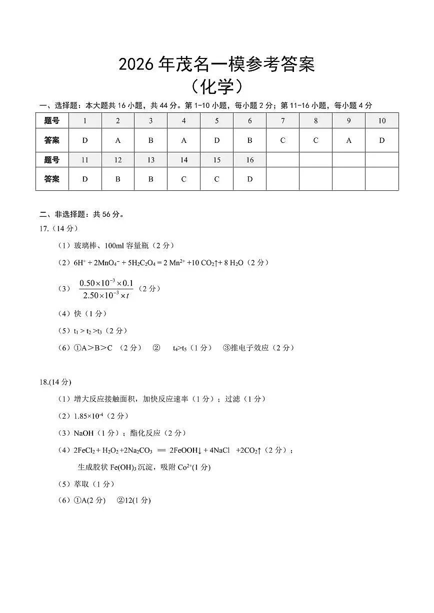2026届广东省茂名市高州市高三上学期一模化学答案第1页