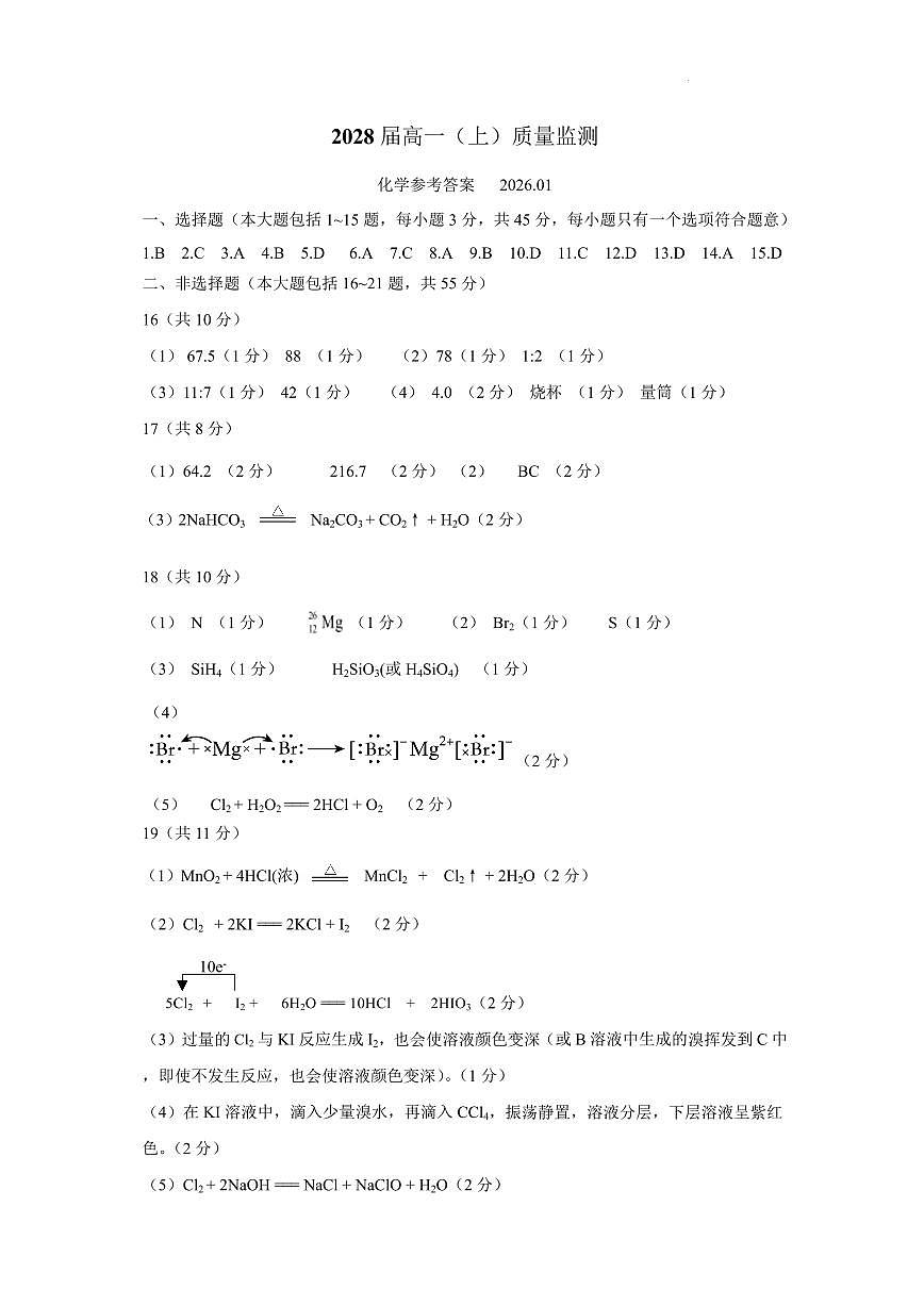 攀枝花市2025-2026学年度高一（上）教学质量监测样卷化学答案第1页