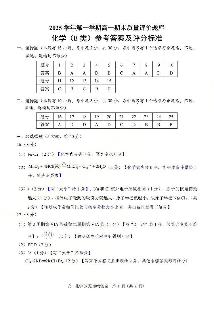 【B类】高一化学-期末质量评价题库参考答案和评分细则第1页