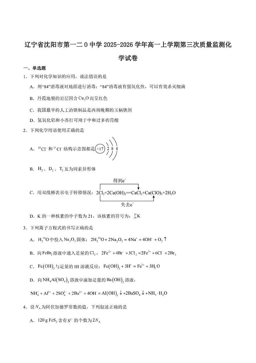 2025-2026学年辽宁省沈阳市第一二0中学高一上学期第三次质量检测化学（含答案）试卷第1页