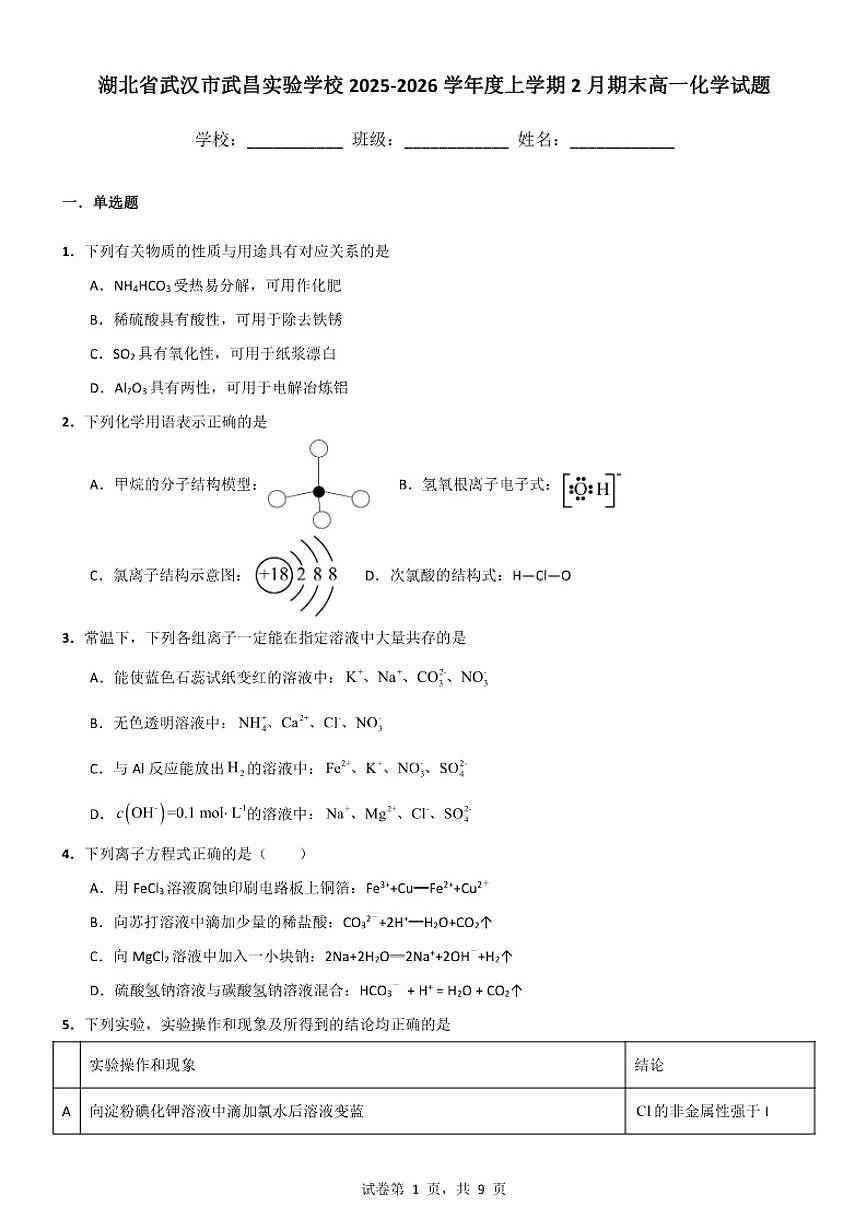 2025-2026学年湖北省武汉市武昌实验学校度上学期2月期末高一化学试题（含答案）第1页