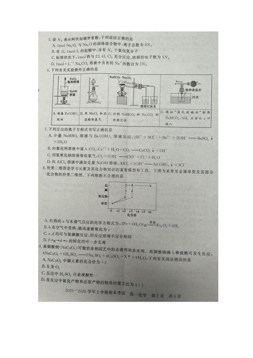 2025-2026学年河南信阳市上学期期末考试高一化学试卷（含答案）第2页