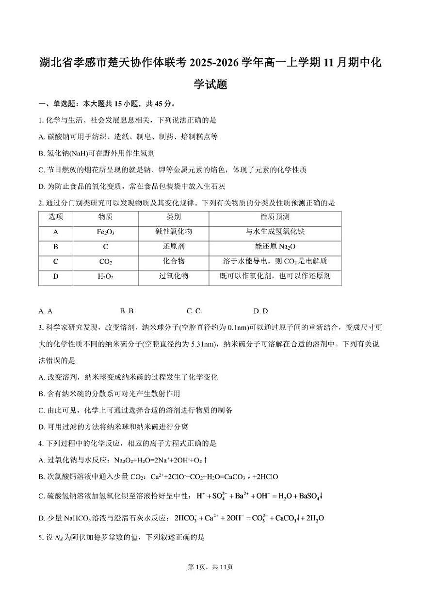 2025-2026学年湖北省孝感市楚天协作体联考高一上学期11月期中化学试题（含答案）第1页