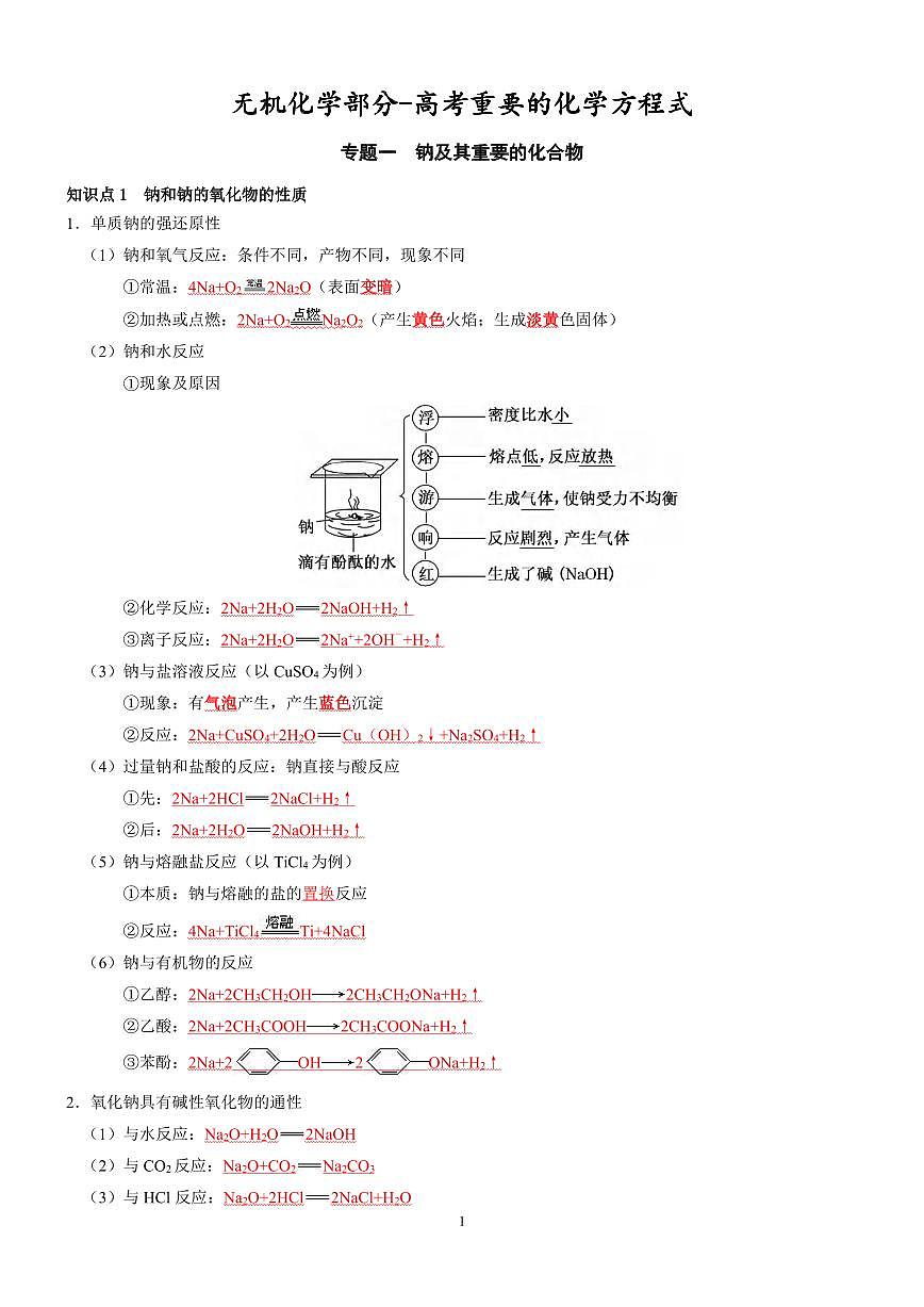 高考化学重要化学方程式汇总知识清单（无机&有机）（共46页）第1页
