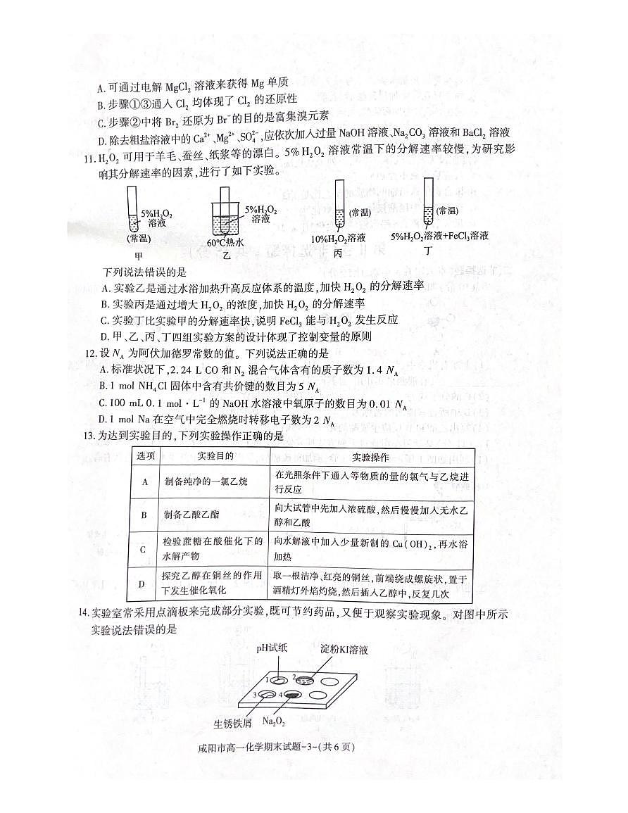 咸阳市2023-2024学年第二学期高一化学检测试题第3页