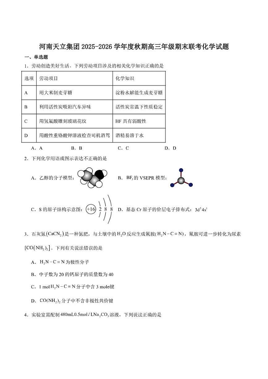 2026届河南省天立教育高三上学期期末联考化学试卷（含答案）第1页