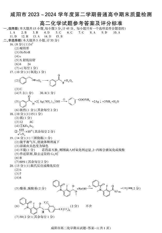 答案－咸阳市高二化学期末第1页