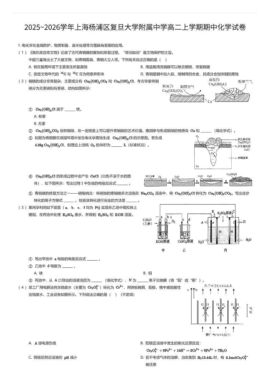 2025~2026学年上海杨浦区复旦大学附属中学高二上学期期中化学试卷（有答案解析）第1页