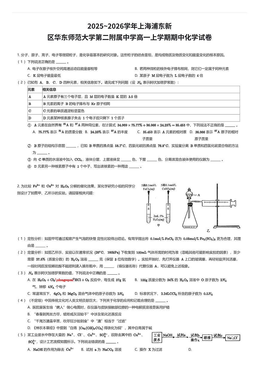 2025~2026学年上海浦东新区华东师范大学第二附属中学高一上学期期中化学试卷（有答案解析）第1页