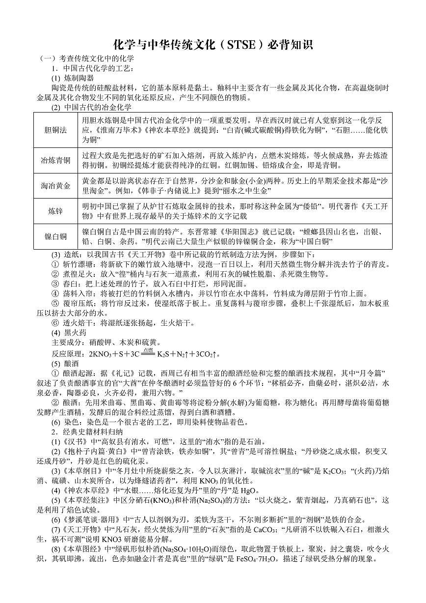 2026年高考化学 化学与中华传统文化（STSE）必背知识  教案第1页