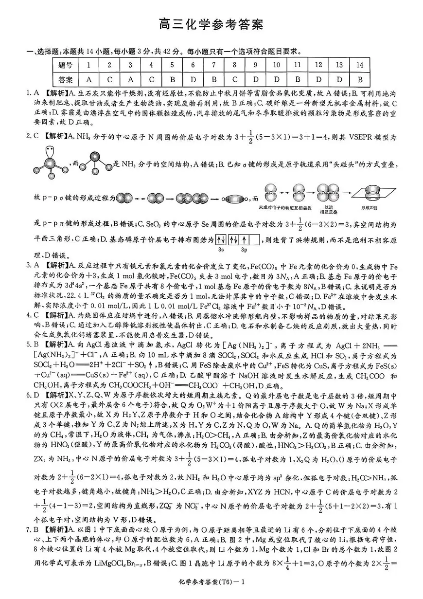 湖南师大附中2026届高三月考试卷（六）化学答案第1页