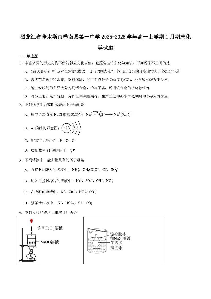 2025-2026学年黑龙江省佳木斯市桦南县第一中学高一上学期期末考试化学试卷（含答案）第1页