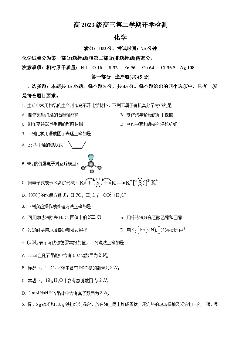 四川省泸州市泸县第五中学2023级高三第二学期开学检测化学试题（原卷版）第1页