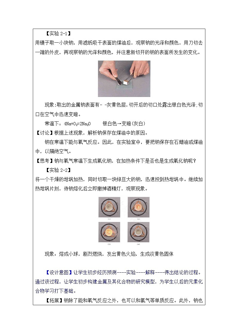 人教版（2019）高中化学必修第一册 2.1 活泼的金属单质-钠 教学设计（表格式）第2页